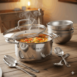 meadow stainless steel saucepan with glass lid – 2.5qt durable cookware for sauces, soups & pasta